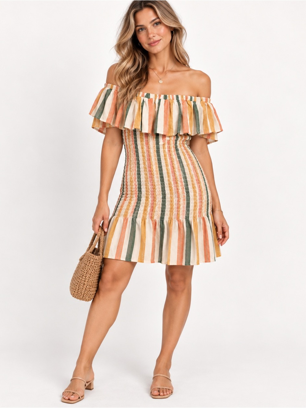 Anthropologie Off-Shoulder Striped Ruffle Dress in Multi-Color Sz XS